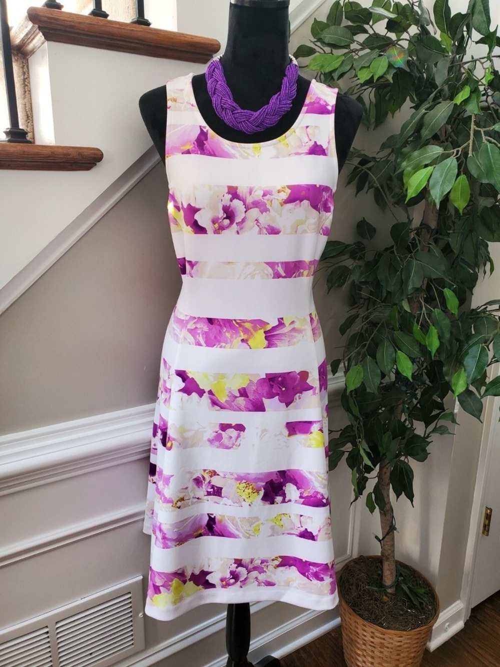 Worthington Purple and White Striped Floral Midi Dress